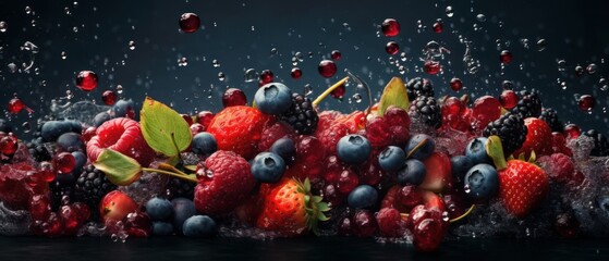 Strawberries, raspberries, blueberries with a splash. Generative AI