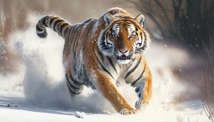 The snowy predator, the tiger's hunt on the run, generative ai