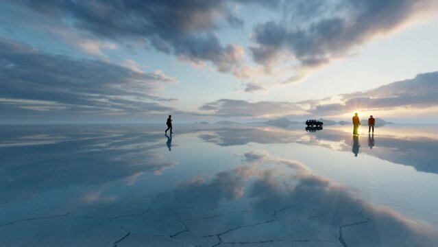 Car and tourists at the Uyuni Salt Flats, Bolivia, at sunrise, panning