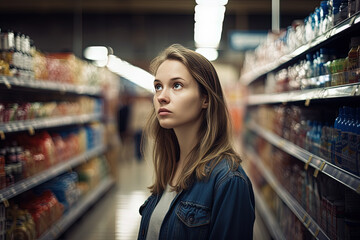 Confused woman shopping in supermarket created with Generative AI technology