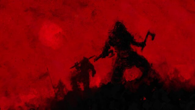 Vikings stand on a hill ready for battle, armed with axes, swords and spears on a red background. clean looped 2d animation