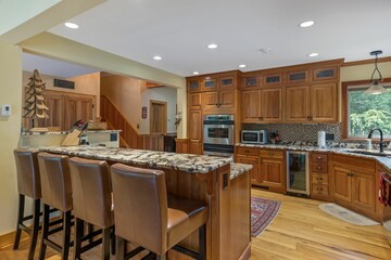 Interior shot of a kitchen with wooden details.