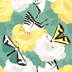 Fototapeta na wymiar White and yellow roses with butterfly on a green background. Seamless vector pattern.