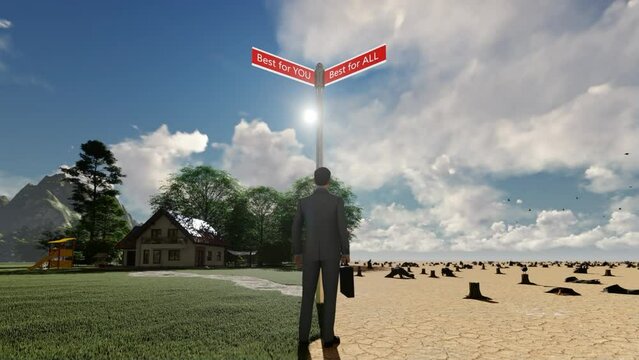 3D animation of businessman trying to make an environmental decision, timelapse sunrise