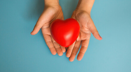 child's hands hold a heart toy. children's health and insurance. organ and blood donation, save lives. be healthy concept