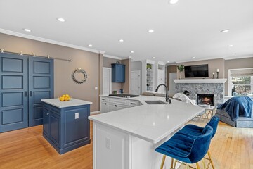 Closeup shot of a modern kitchen with white and dark blue interior design