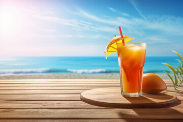 Refreshing tropical fruit drink on the table with the beach in the background