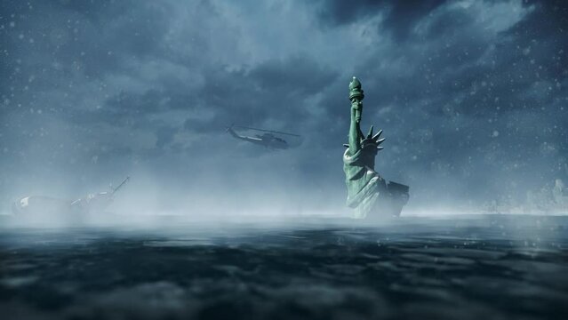 3D animation of helicopter flying over Liberty Statue and New York trapped in ice