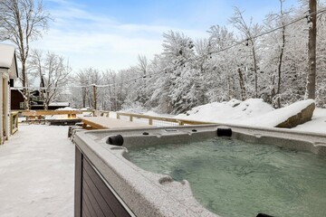 an outdoor jacuzzi surrounded by snow covered trees and a cabin