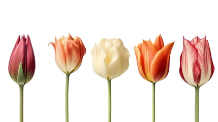 Set of Tulip Flowers Isolated on White Background, Image Ai Generated	