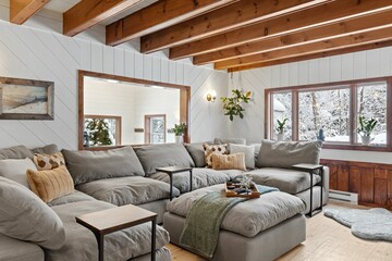 Room furnished with gray sofas in winter