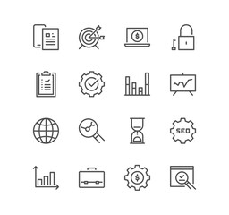 Set of engine optimization related icons, solution, optimization, strategy, target and linear variety symbols.	
