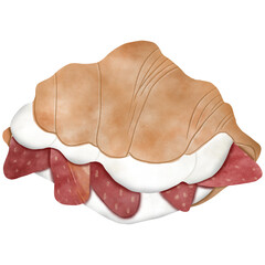 French Croissant stuffed with strawberry and mascarpone cheese watercolor icon. Digital art illustration