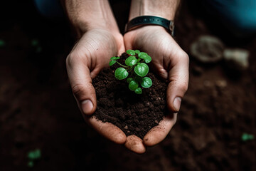 A man's hand holds a young green plant in a close-up shot.