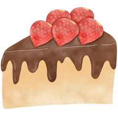 Chocolate cake topping with raw Strawberry watercolor icon. Digital art illustration