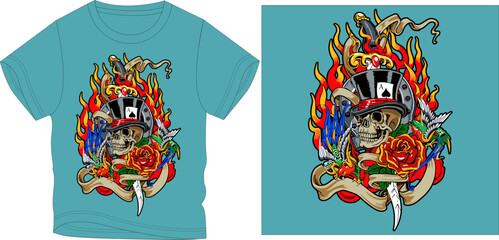 SKULL WITH FLAMES t-shirt graphic design vector illustration
