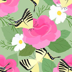 Pink roses, chamomile and yellow butterfly on a green background. Seamless vector pattern.