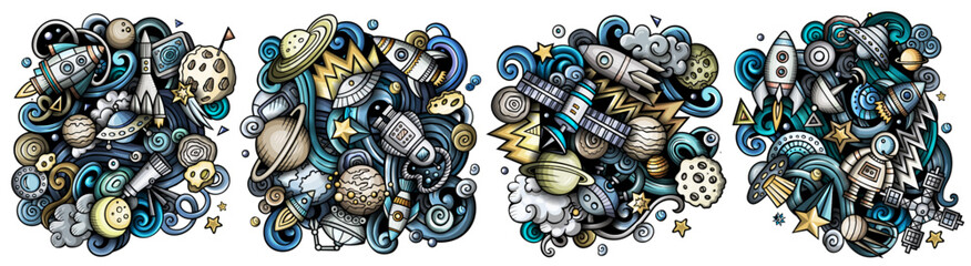 Obraz premium Space cartoon vector doodle designs set.