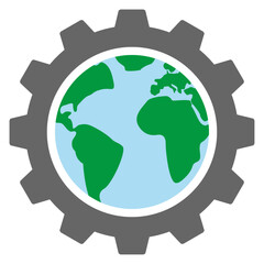 Logo Earth Day. Icono mapa de la tierra con silueta de rueda dentada © teracreonte