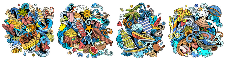 Summer beach cartoon vector doodle designs set.