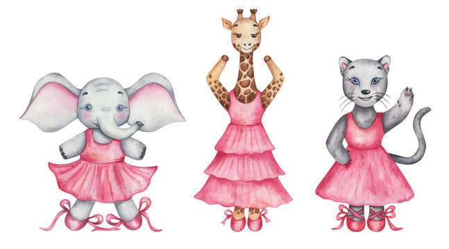 Watercolor illustration. Hand painted cartoon elephant, panther cat, giraffe. Girls in dance studio in pink dress, ballet shoes. African safari animal character. Isolated clip art for children textile