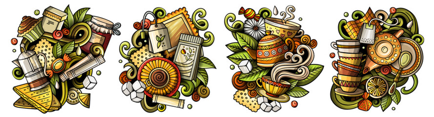 Tea cartoon vector doodle designs set.