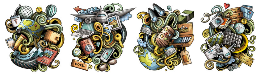 Traveling cartoon vector doodle designs set.