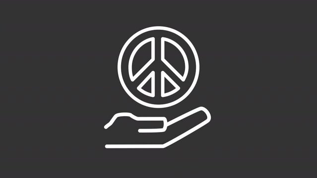 Animated CND symbol white line icon. Pacifism emblem floating over hand palm. Harmony and peace. Loop HD video with chroma key, alpha channel on transparent background, black solid background