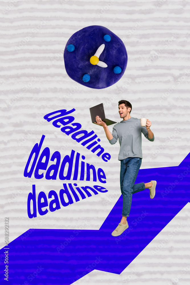 Poster Vertical collage image of mini excited guy hold use netbook run deadline clock isolated on creative background