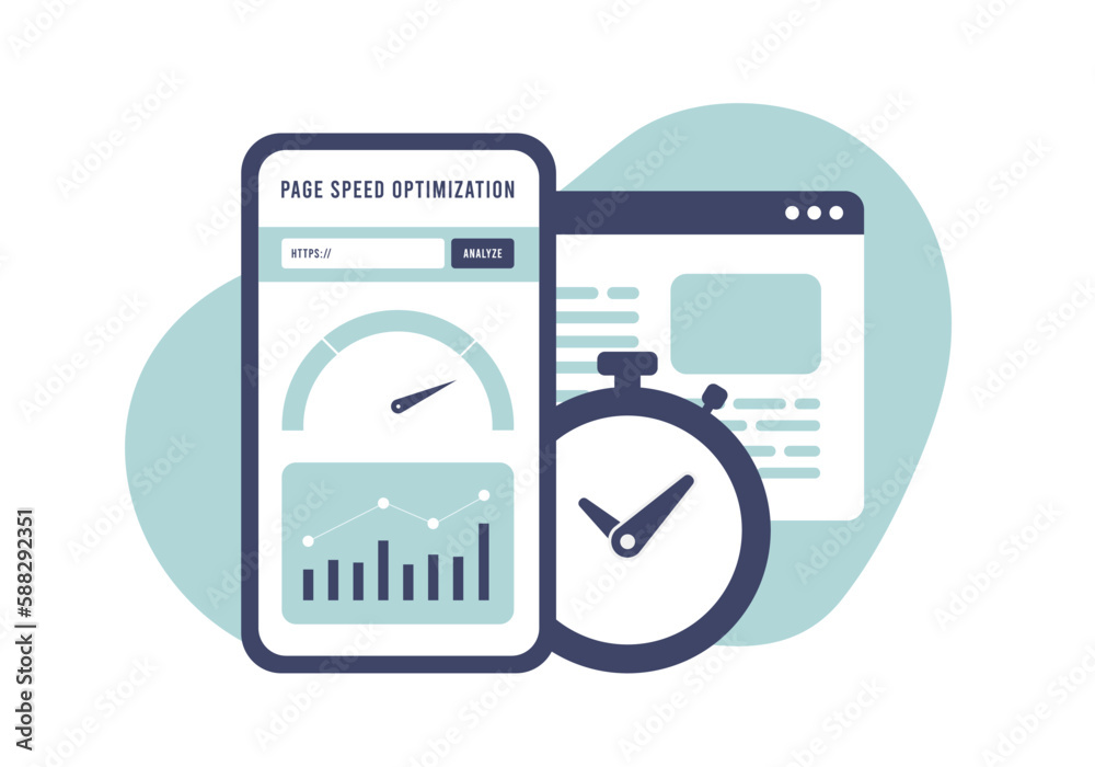 Poster page speed optimization concept. boost website performance with fast page load speed. smartphone wit