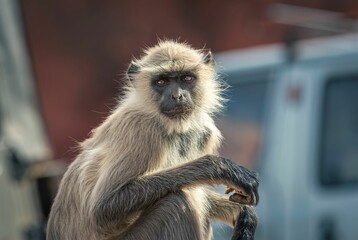 Close-up shot of a langur monkey looking at the camera in a village of India