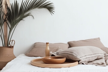 bed loft home rattan palm furniture tray table design interior modern. Generative AI.