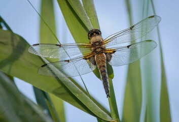 Macro shot of a beautiful brown dragonfly on a green plant