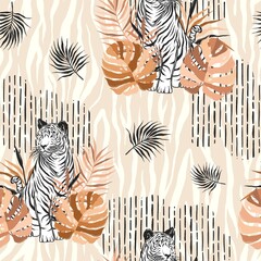 Safari boho seamless pattern with tiger, wildlife, tropical pattern, exotic background, animal skin