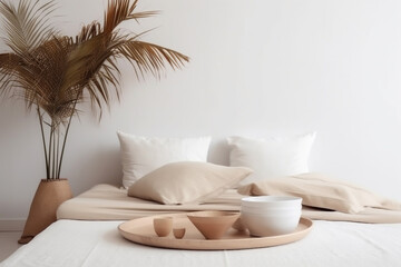 table design modern style bed furniture interior rattan palm tray home. Generative AI.