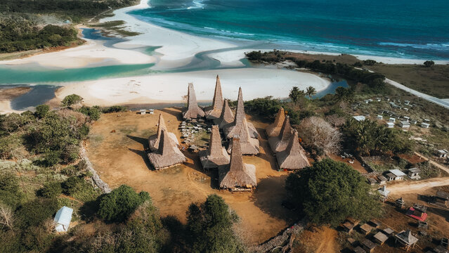 Aerial drobne view of traditional house of Ratenggaro in Sumba, East Nusa Tenggara, Indonesia. Vernacular Architecture.