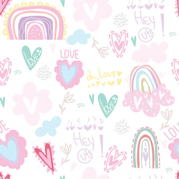  cartoon  rainbows, clouds and hearts. Hand drawn vector doodle set. Hey Cute, oh, LOVE. Good for textiles, nursery, wallpapers, wrapping paper, clothes. 