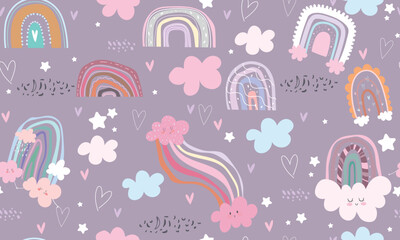 Seamless vector pattern with hand-drawn rainbows and clouds. Trendy children's texture for fabric textile wallpaper.
