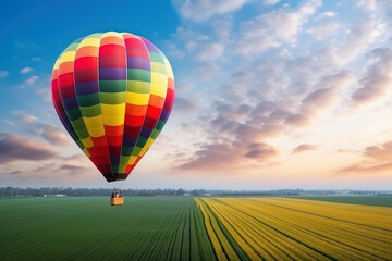 Fototapeta na wymiar hot air balloon on the background of a green field and sun cloudy sky copy space Generative AI