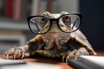 turtle in glasses slow office worker Generative AI - obrazy, fototapety, plakaty