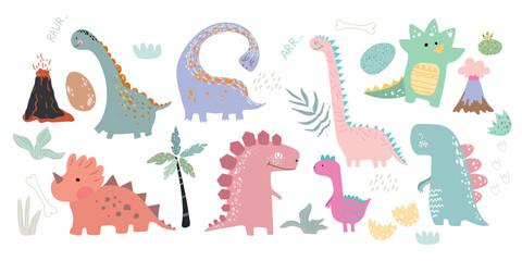 Dinosaurs vector set in cartoon Scandinavian style. A colorful cute children's illustration is perfect for a child's room.