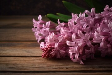  a bunch of pink flowers sitting on top of a wooden table next to a green leafy plant on top of a wooden table with a dark background.  generative ai