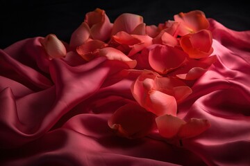  a bunch of flowers that are laying on a bed of pink satin fabric on a black background with a black background behind it and a black background.  generative ai