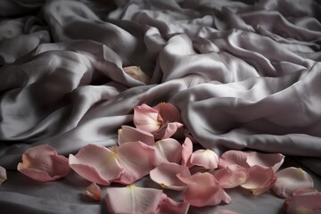  a bunch of pink flowers laying on a bed sheet with a gray sheet covering it and a few petals scattered on top of the sheet.  generative ai