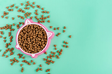 The pink pet food bowl on the color background. Space for text or design. Top view