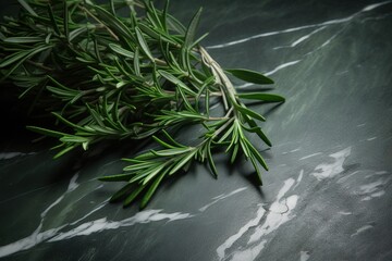  a sprig of rosemary on a marble counter top with a black background and a white marble pattern on the bottom half of the image.  generative ai