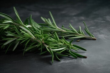  a sprig of rosemary on a black surface with a dark background and a small sprig of rosemary in the foreground.  generative ai
