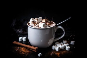  a cup of hot chocolate with marshmallows and cinnamon sticks on a black background with smoke coming out of the top of the mug.  generative ai
