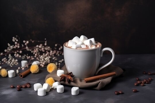  a cup of hot chocolate with marshmallows and cinnamon on a dark background with a few scattered cinnamons and a few cinnamons.  generative ai