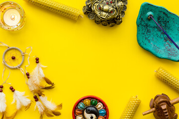 Buddhism meditation background. Candles and incense, top view